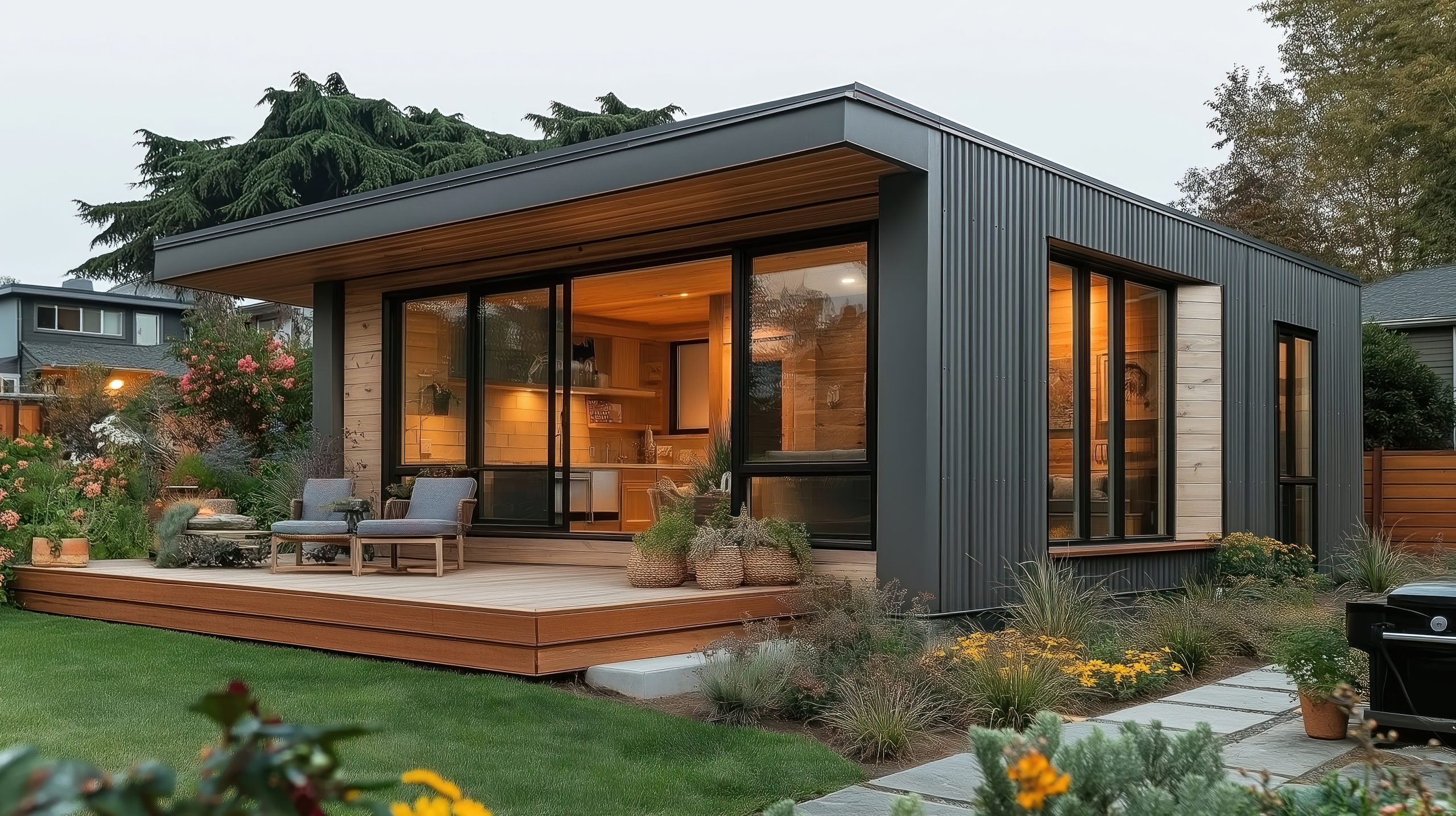 Modern accessory dwelling unit in backyard. Tiny home with light colored wooden interior, dark gray exterior. Large windows offer views of garden patio. Wooden deck with comfortable outdoor seating.