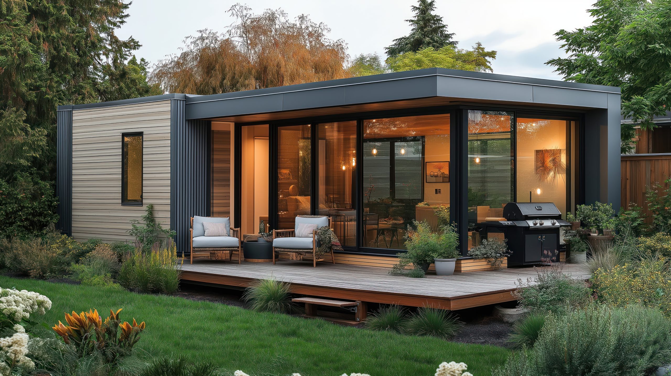 Stylish modern accessory dwelling unit in backyard. Open patio design. Cozy furniture arranged on deck. Family enjoys warm evening. Beautiful landscaping surrounds, small home. Exterior design