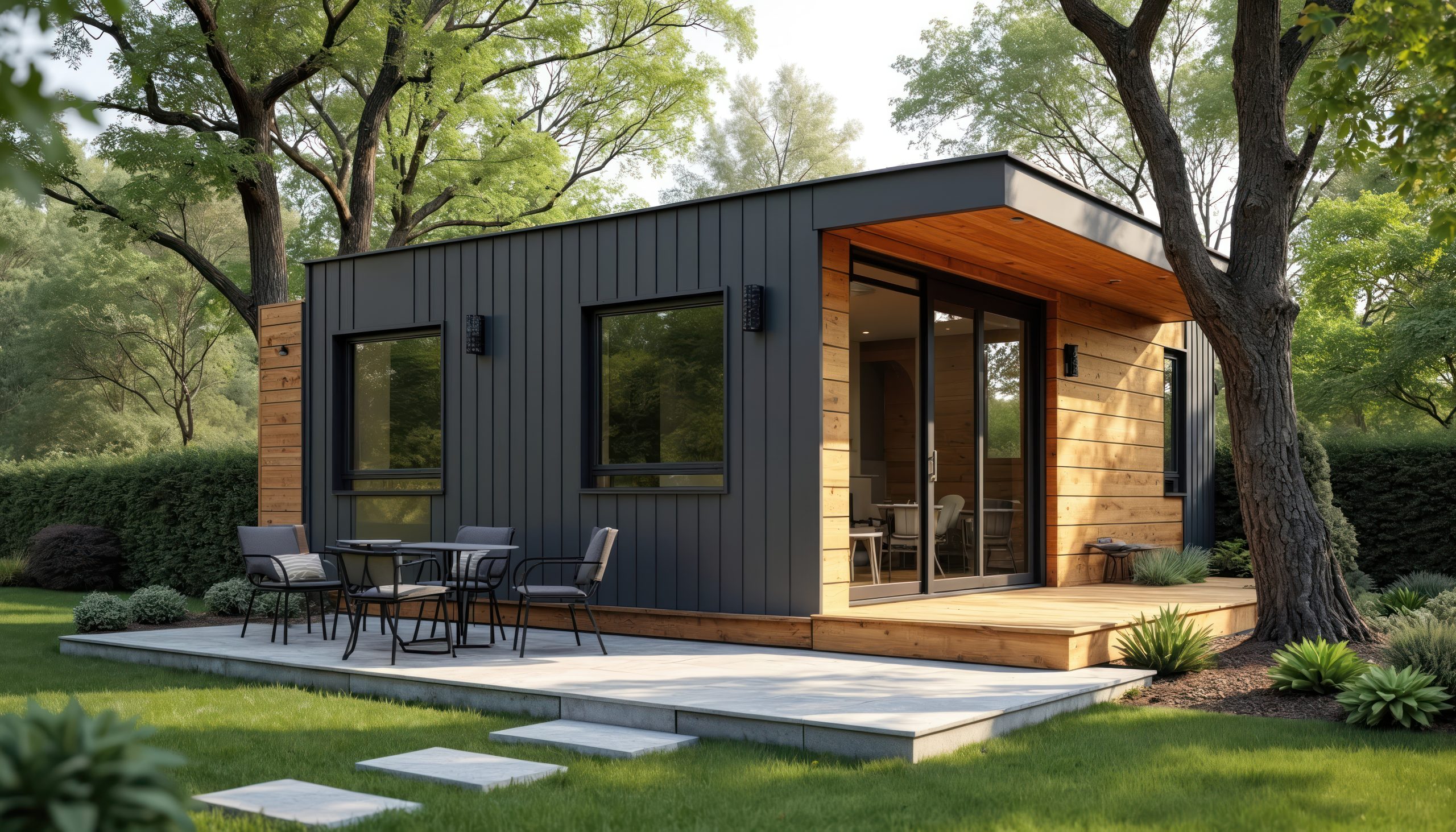 Modern accessory dwelling unit with wooden deck, patio furniture. Backyard cottage with dark gray exterior, light brown wooden accents. Stylish design with windows patio area. Residential property