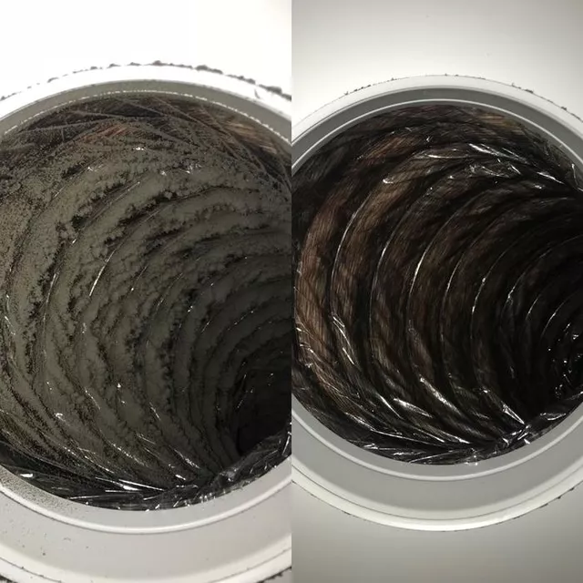 Before and after comparison showing dryer vent cleaned of dust and lint buildup.