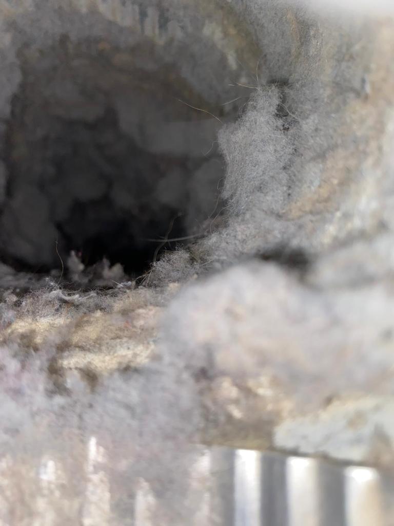 Close-up of heavy lint buildup inside vent before professional dryer vent cleaning.
