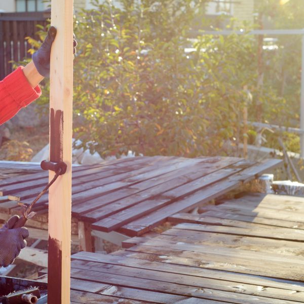 Home improvement - handywoman painting wooden plank outdoors