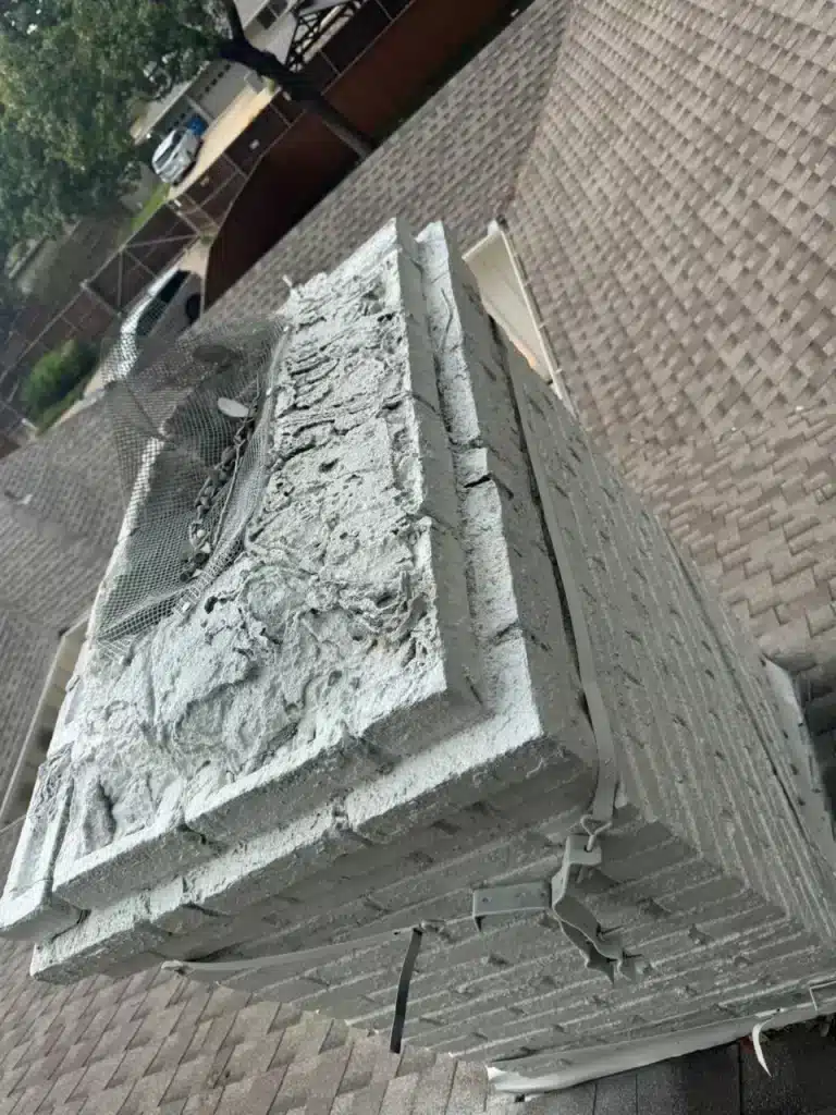 Exterior chimney above roofline with cracked masonry, surface erosion, and visible structural fireplace damage.